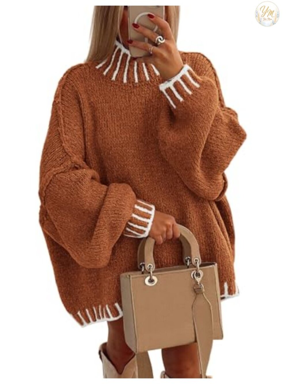 Chunky Knit Mock Neck Pullover Sweater Long Sleeve Oversized Tunic Top